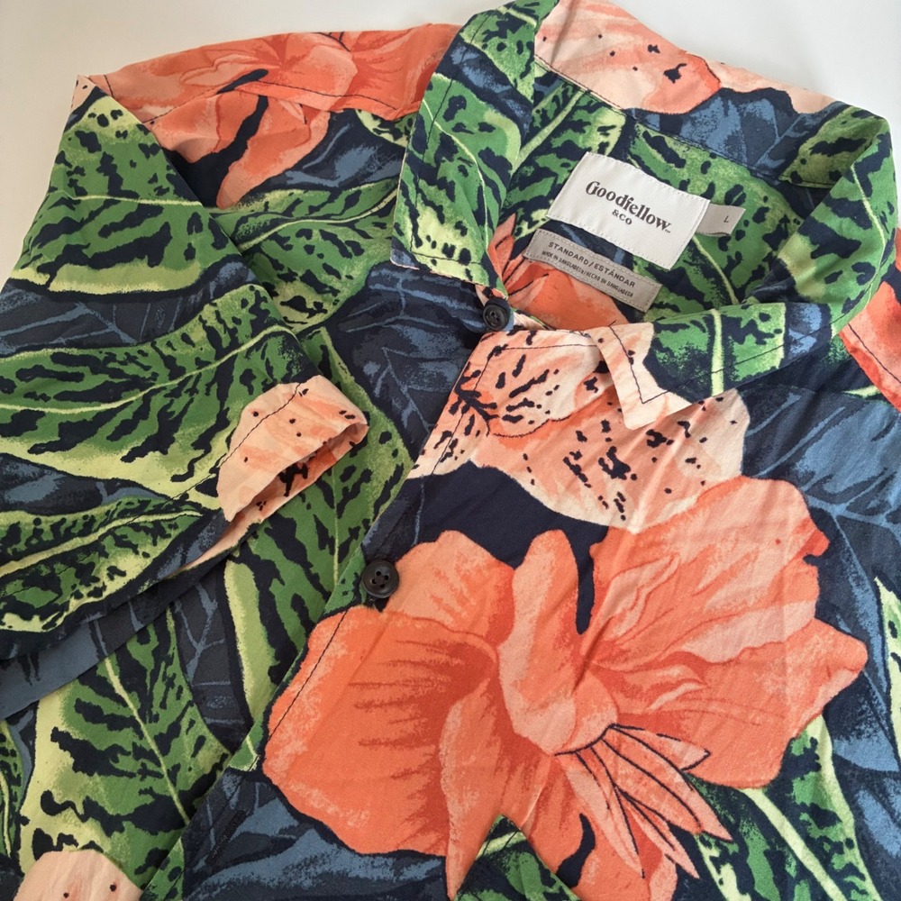 Goodfellow 100% Rayon Floral Hawaiian Shirt Mens L Orange Green Tropical Aloha